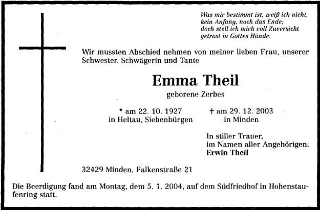 Zerbes Emma 1927-2003 Todesanzeige
